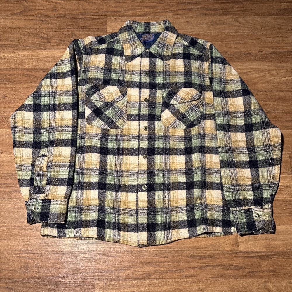 Vintage Pendleton Board Shirt Mens Large Green Plaid Wool Flannel Camp Collar